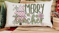 merry teacher mauve Christmas lumbar pillows for chair, moss green Christmas decor for indoors, cute Christmas gifts for teachers, stocking