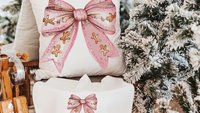 pink gingerbread throw pillow for couch, coquette Christmas kitchen towels for friends, grand millennial Christmas decor for home, cute