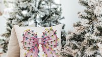 bow Christmas lights cute Christmas throw pillows for couch, coquette Christmas kitchen towels for friends, pink Christmas decor for home