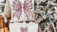 bow Christmas lights cute Christmas throw pillows for couch, coquette Christmas kitchen towels for friends, pink Christmas decor for home
