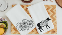 floral cow kitchen towels for Spring, black and white farmhouse kitchen decor, cute cow gifts for cow lovers, flower kitchen hand towels for