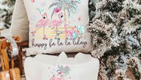 funny flamingo Christmas throw pillows for couch, beach Christmas decor for home, coastal Christmas pillow covers 18 x 18, cute Christmas