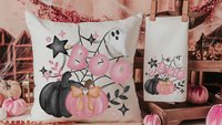 girly goth coquette Halloween throw pillow covers 18 x 18, pink pumpkin kitchen towels, boo basket stuffers for adults, cute Halloween decor