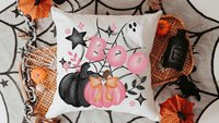 girly goth coquette Halloween throw pillow covers 18 x 18, pink pumpkin kitchen towels, boo basket stuffers for adults, cute Halloween decor