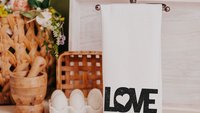 love kitchen towels for new home owners, black and white Valentines kitchen decor for just married couple, romantic gift for wife, moving in