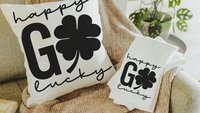 happy go lucky St Patricks day hand towel for powder room, black shamrock St Pattys day kitchen towels, Irish gifts for friends, best gifts