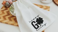 happy go lucky St Patricks day hand towel for powder room, black shamrock St Pattys day kitchen towels, Irish gifts for friends, best gifts
