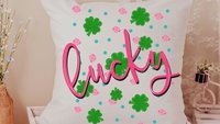 hot pink lucky vibes St Patricks day throw pillows for couch, green shamrock St Pattys day kitchen towels for gifts, Irish gifts for friends