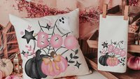 girly goth coquette Halloween throw pillow covers 18 x 18, pink pumpkin kitchen towels, boo basket stuffers for adults, cute Halloween decor