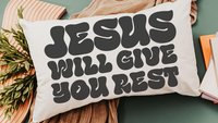 jesus will give you rest Bible verse throw pillow for bed, inspirational Christian gifts for sister, cute Christian encouragement gift for