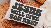 jesus will give you rest Bible verse throw pillow for bed, inspirational Christian gifts for sister, cute Christian encouragement gift for