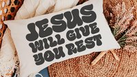 jesus will give you rest Bible verse throw pillow for bed, inspirational Christian gifts for sister, cute Christian encouragement gift for
