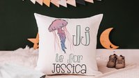 personalized j is for jellyfish nursery throw pillow with name, ocean nursery theme nautical nursery decor, beach birthday gifts for baby
