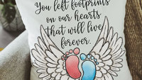 personalized footprints on our heart memorial throw pillow for bed, infant loss gifts for dad, bereavement gift loss of son for mother