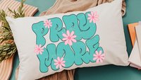 pray more turquoise Christian throw pillow for bed, godmother gift, bubble gum pink flower lumbar pillow cover 12x20, faith gifts for Mom