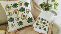 lucky charm gold horseshoe St Patricks day throw pillows for day bed, leopard print green shamrock St Pattys day decorative pillows for sofa