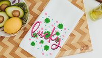 hot pink lucky vibes St Patricks day throw pillows for couch, green shamrock St Pattys day kitchen towels for gifts, Irish gifts for friends