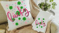 hot pink lucky vibes St Patricks day throw pillows for couch, green shamrock St Pattys day kitchen towels for gifts, Irish gifts for friends