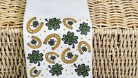 lucky charm gold horseshoe St Patricks day throw pillows for day bed, leopard print green shamrock St Pattys day decorative pillows for sofa