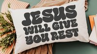 jesus will give you rest Bible verse throw pillow for bed, inspirational Christian gifts for sister, cute Christian encouragement gift for