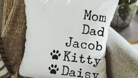 personalized family names throw pillow for couch, pet name pillow, unique wedding gifts for couple, cat parents gift, modern farmhouse decor