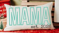 mama established lumbar decorative bed pillow, mama est 2026 gifts, mom to be 30th birthday gift for her, mint green mom throw pillow for