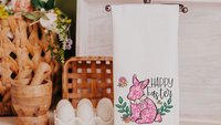 blue chinoiserie Easter bunny kitchen towel for Mom, pink toile de jouy Happy Easter hand towels for bathroom, grand millennial Easter tea