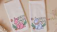 blue chinoiserie Easter bunny kitchen towel for Mom, pink toile de jouy Happy Easter hand towels for bathroom, grand millennial Easter tea
