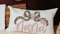 personalized blush pink grandma throw pillow for bed, leopard print bow coquette pillow cover 12 by 20, mother in law mothers day gifts