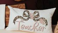 personalized blush pink teacher pillow for bed, leopard print bow throw pillow cover 12 by 20, coquette classroom decor teacher appreciation