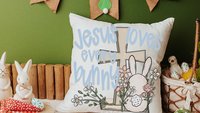 Jesus loves every bunny Easter throw pillows for nursery, Christian Easter basket stuffers for kids, Easter bunny decorative pillow covers
