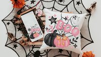 coquette Halloween throw pillow covers 18 x 18, boo basket stuffers for adults, cute Halloween gifts for women pink pumpkin pillow for couch