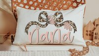 personalized blush pink grandma throw pillow for bed, leopard print bow coquette pillow cover 12 by 20, mother in law mothers day gifts