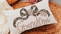 personalized blush pink grandma throw pillow for bed, leopard print bow coquette pillow cover 12 by 20, mother in law mothers day gifts