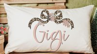 personalized blush pink grandma throw pillow for bed, leopard print bow coquette pillow cover 12 by 20, mother in law mothers day gifts