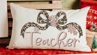personalized blush pink teacher pillow for bed, leopard print bow throw pillow cover 12 by 20, coquette classroom decor teacher appreciation