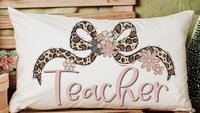 personalized blush pink teacher pillow for bed, leopard print bow throw pillow cover 12 by 20, coquette classroom decor teacher appreciation
