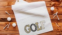 black leopard print golf towels with grommet, trendy golf gifts for her, marquee letters golf bag accessories ladies golf ball towel, golfer