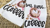 but first coffee kitchen towels for friends, coffee lover gifts for her, cute Valentines hand towels for bathroom, Galentines day gifts for