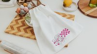 love like Jesus whimsical Christian kitchen towels, cute Christian gifts for sisters, pink checkered floral kitchen decor, faith kitchen