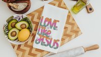 love like Jesus whimsical Christian kitchen towels, cute Christian gifts for sisters, pink checkered floral kitchen decor, faith kitchen
