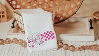 love like Jesus whimsical Christian kitchen towels, cute Christian gifts for sisters, pink checkered floral kitchen decor, faith kitchen