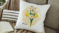 custom birth flower throw pillow for sofa, daffodil kitchen towel, March birthday gifts for women, plant mom gift, cottagecore room decor