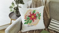 holly and berry Christmas throw pillows for sofa, December birth flower gift for her, December birthday gifts for women, red poinsettia hand
