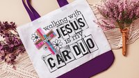 walking with Jesus Christian tote bags for women, religious Christmas gifts for godmother, walking with the Lord is my cardio faith based