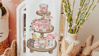 happy Mothers Day kitchen finds, blush pink kitchen towel for Mom, tier tray kitchen decor, best mom Mothers day gifts from kids, floral