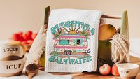 sunshine and saltwater summer throw pillow boho camper decor for RV life essentials gift, hippie kitchen towels for sister, beach house gift