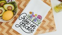 grow in grace Christian kitchen towel for bridal shower, wildflower kitchen items, faith gifts for Mom, floral kitchen decor, guest bathroom