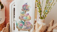 macaron cookies floral kitchen towels, pastel kitchen decor, garden party bridal shower gifts for bride, tea party hand towels for kitchen