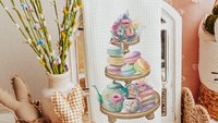 macaron cookies floral kitchen towels, pastel kitchen decor, garden party bridal shower gifts for bride, tea party hand towels for kitchen